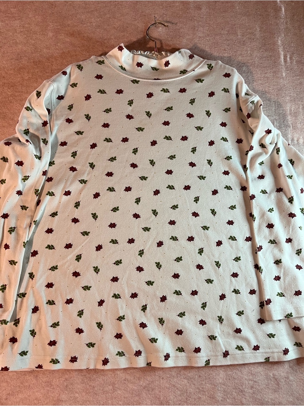 Bobbie Brooks Women’s Cream Mock Neck Top with Red & Green Floral Print
